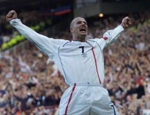 England v Greece World Cup Qualifier at Old Trafford 6th October 2001. David Beckham celebrates after scoring goal with free kick Pic by Mirrorpix