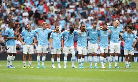 Manchester City players line up for the penalty shoot-out during the 2024 FA Community Shield match between Manchester United and Manchester City at Wembley Stadium on August 10, 2024 in London, England.