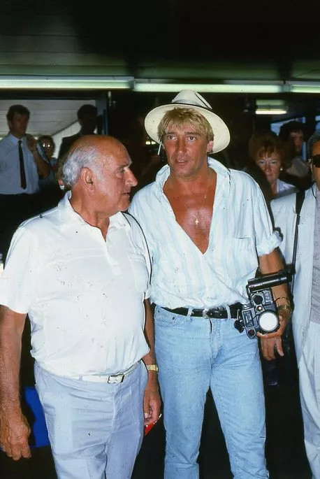 Rod Stewart singer June 1986 with his father dad at Glasgow Airport
