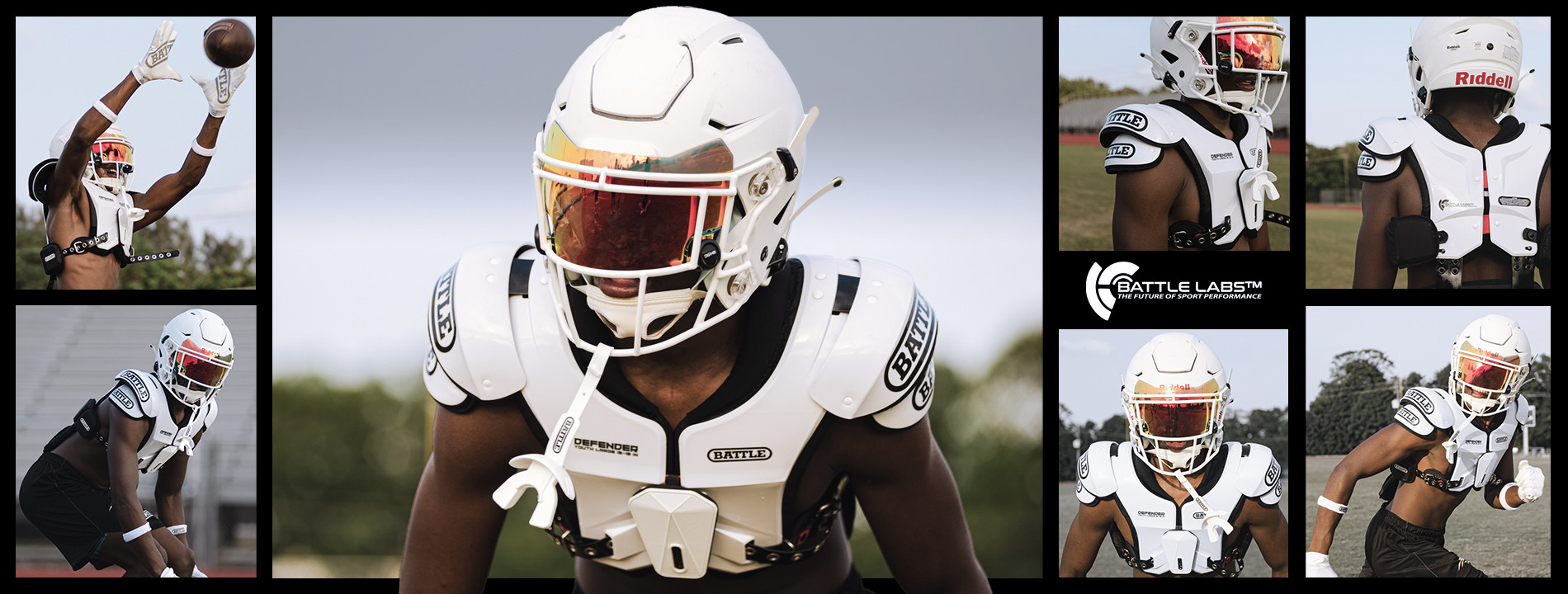 Football player in gear, showcasing various action poses and expressions.