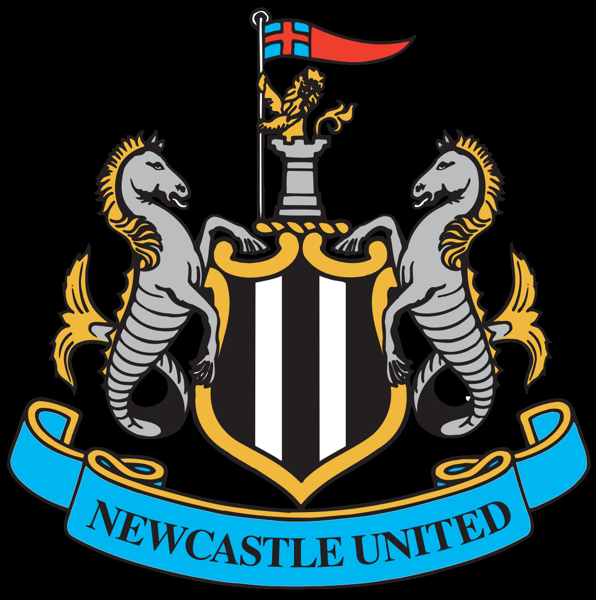 Newcastle United crest with seahorses representing the city's maritime connections.