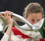 England's Ellen White kisses the Euro 2022 championship trophy