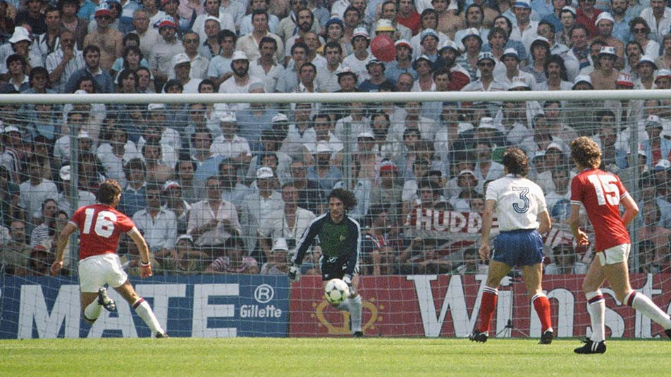 England's Bryan Robson scores against France after 27 seconds of the game in Bilbao at the 1982 World Cup