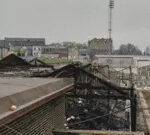 The fire-damaged skeleton of a football stand at Bradford City