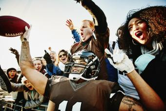 Professional football quarterback celebrating touchdown with fans in stadium