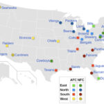 A map showing the locations of all current football teams in the NFC and AFC, illustrating their geographical distribution across the United States.