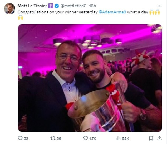 Matt Le Tissier (left) was later seen celebrating with goal scorer Adam Armstrong (right) after the match
