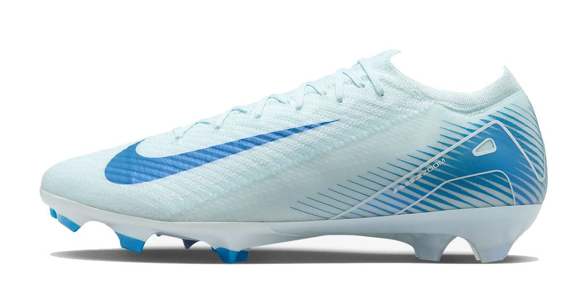 A light blue Nike football boot featuring darker blue branding