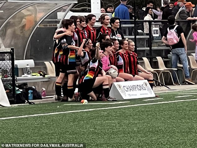 Flying Bats players celebrate their controversial victory over West Pennant Hills Cherrybrook Football Club in the Premier League Women