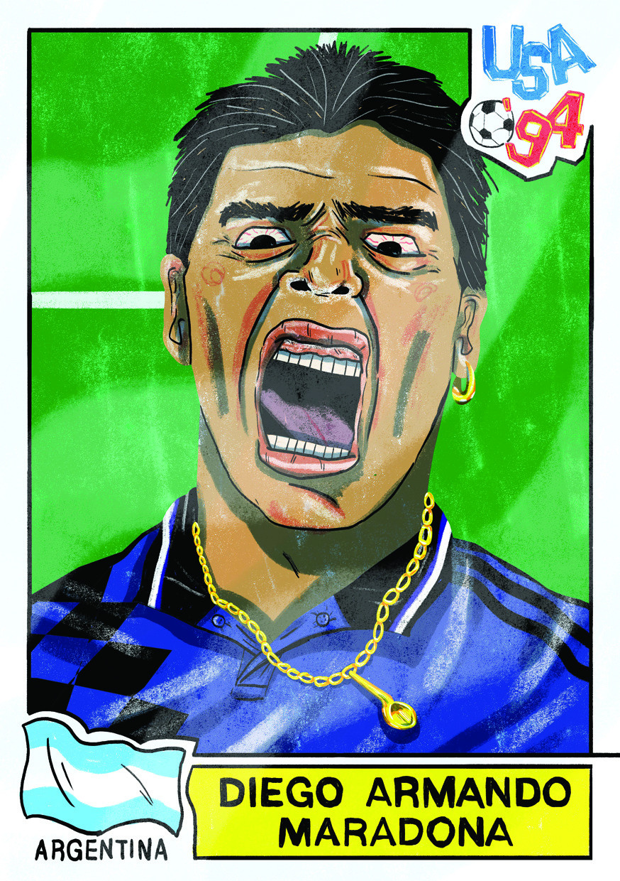 Illustration of Diego Maradona from a Panini sticker, capturing his iconic image and flamboyant style