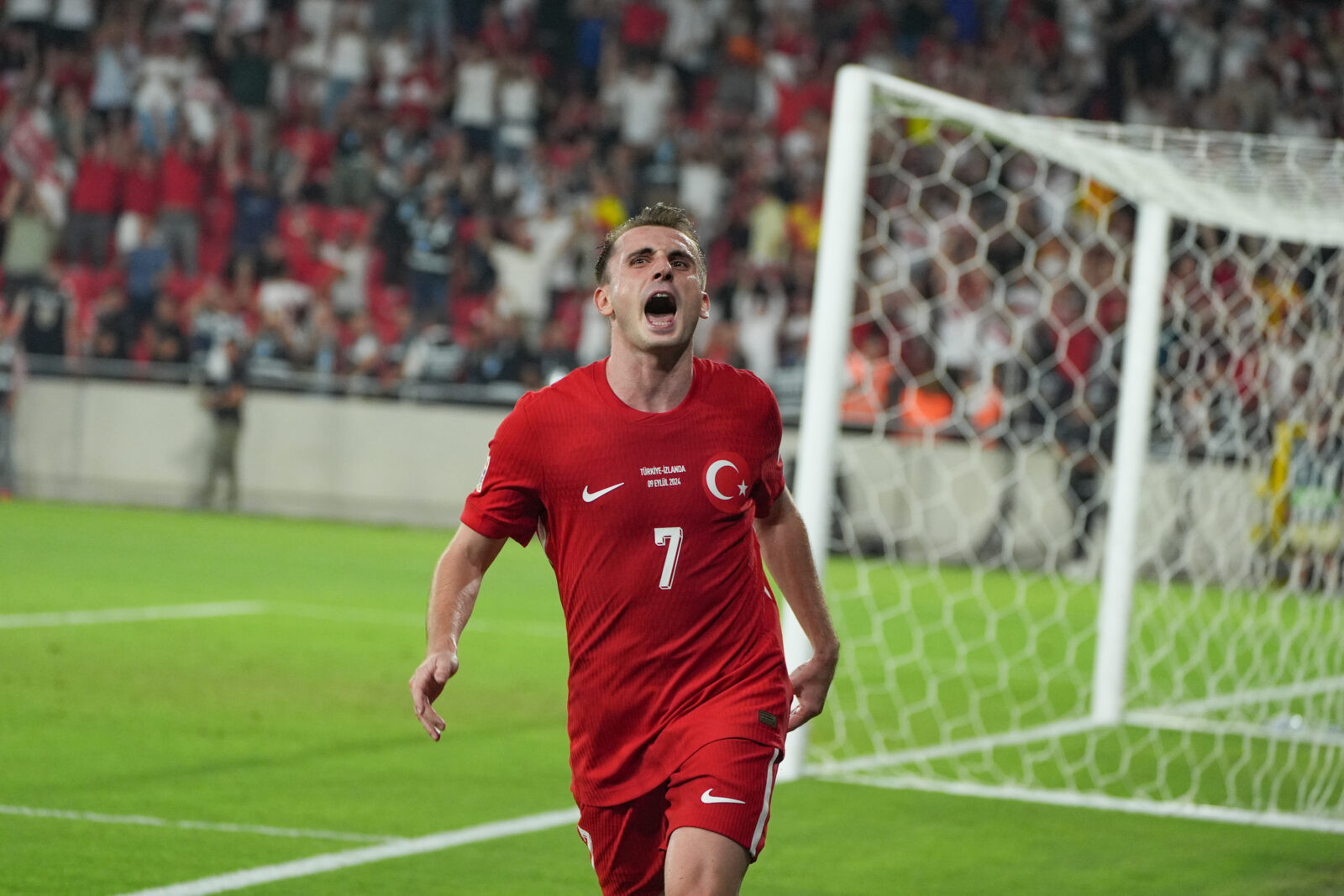 Kerem Akturkoglu celebrates after scoring a goal during the UEFA Nations League B Group 4 Türkiye vs Iceland match at Gursel Aksel Stadium in Izmir, Türkiye, September 9, 2024. (AA Photo)