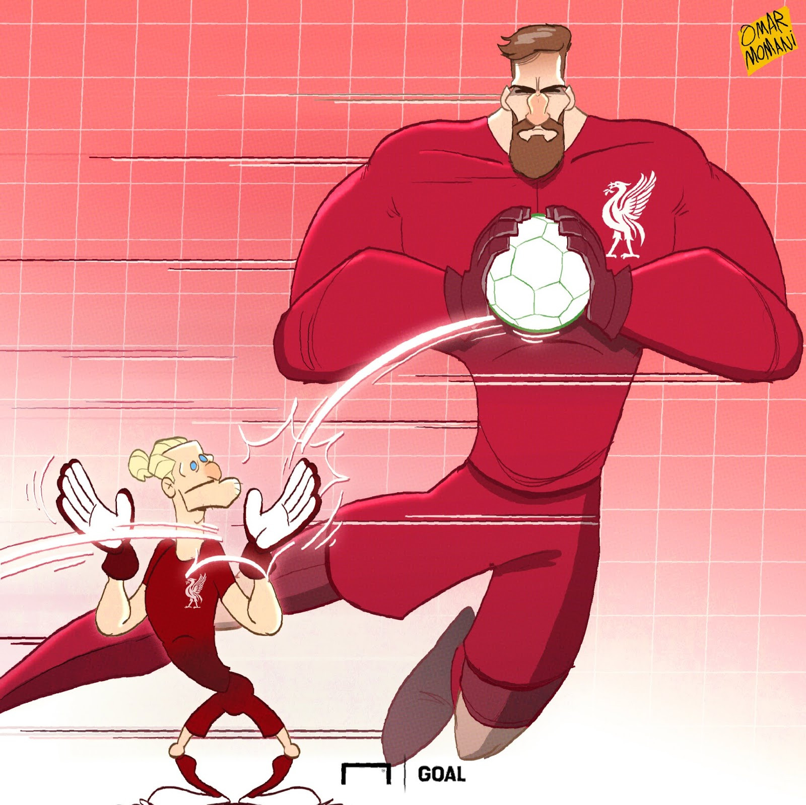 Omar Momani's cartoon illustration of Alisson Becker joining Liverpool