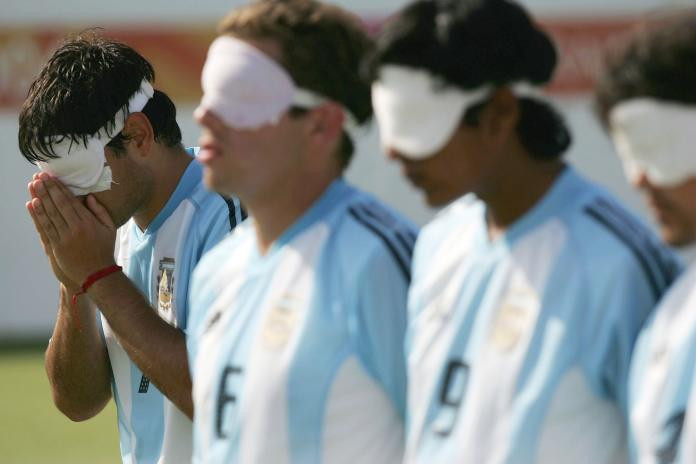 Argentinian five-a-side football team nervously awaiting the penalty shot during the Athens 2004 Paralympic Games