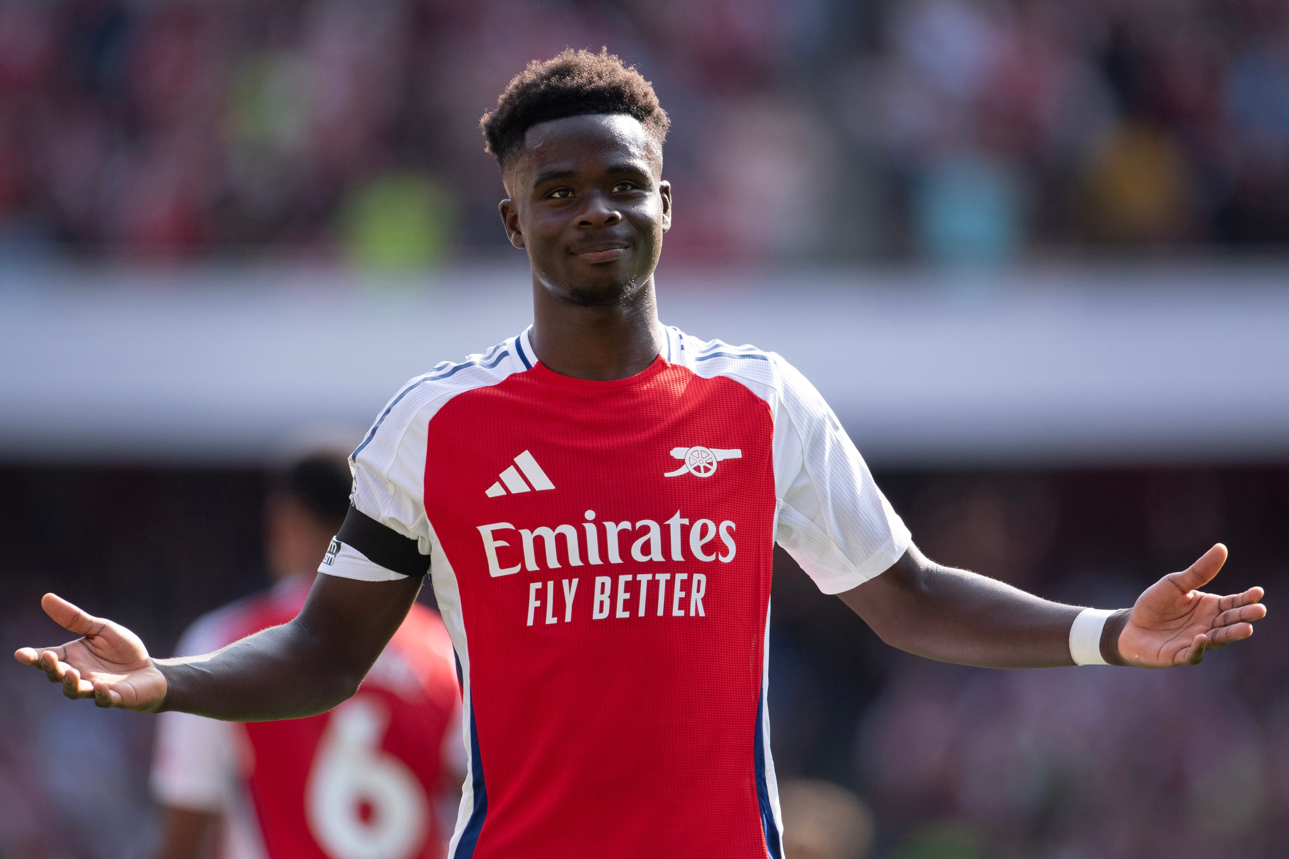 Bukayo Saka celebrates a goal for Arsenal