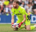 Stoke City goalkeeper Viktor Johansson holds the ball after making a save in the 0-0 draw at Derby