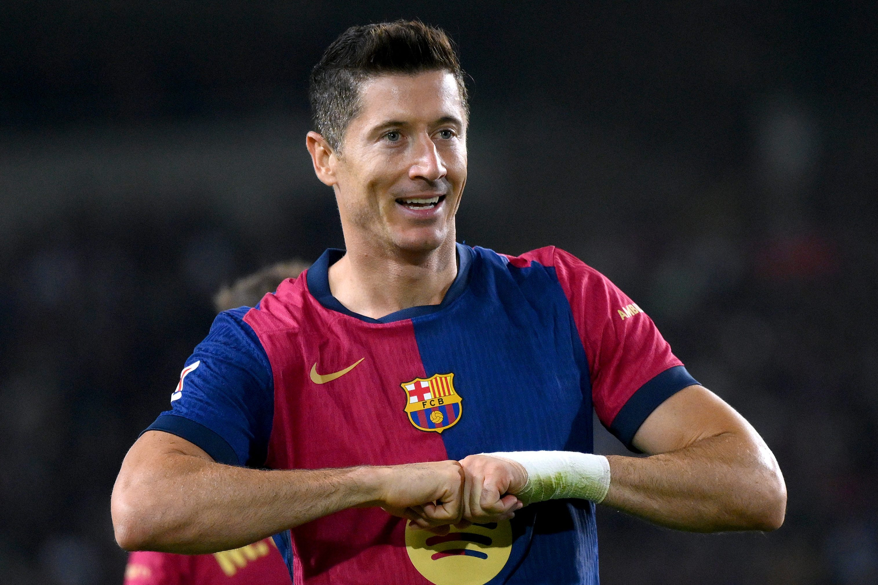 Robert Lewandowski celebrates a goal for Barcelona