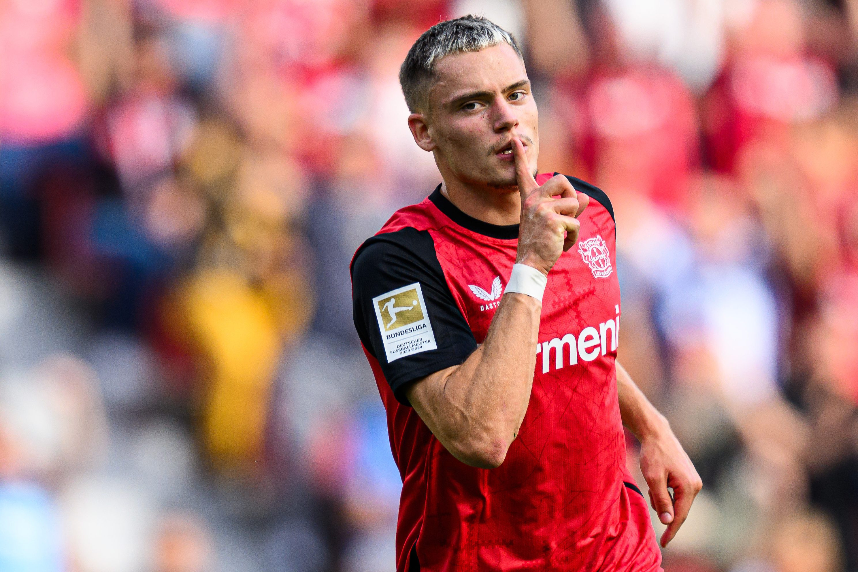 Florian Wirtz celebrates a goal for Bayer Leverkusen