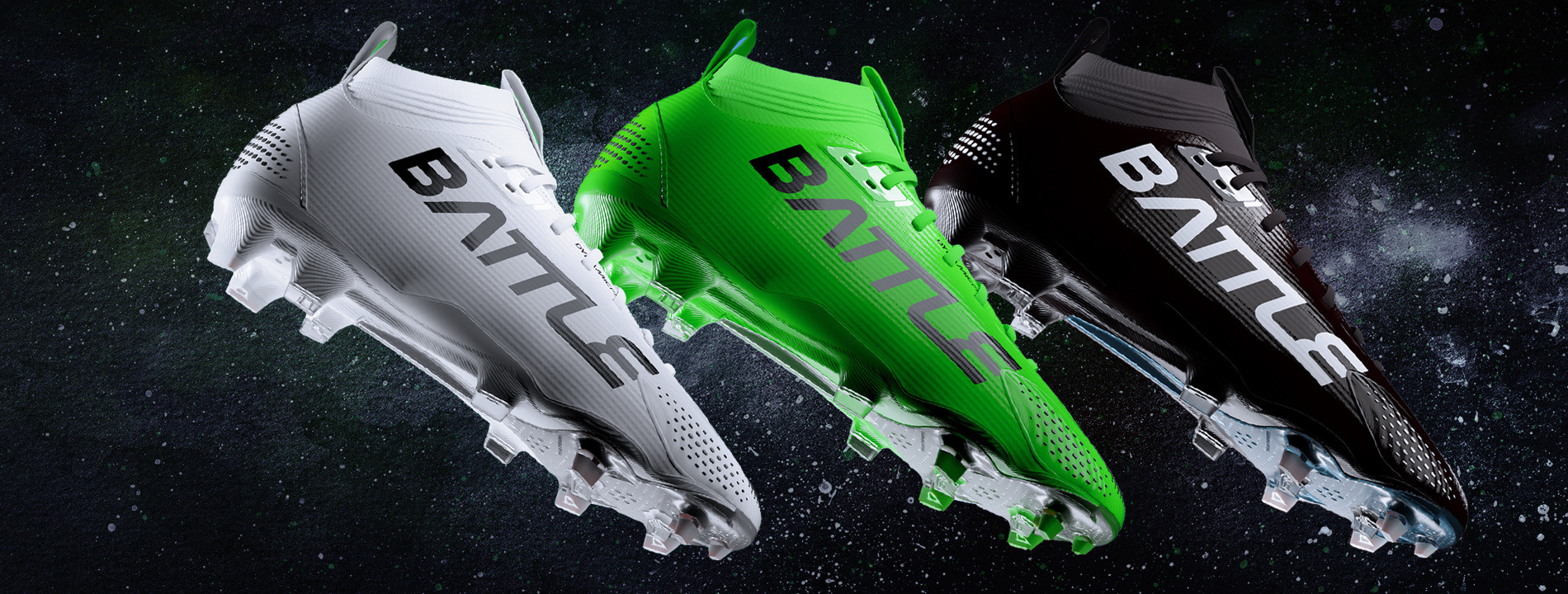 Three pairs of football cleats in white, green, and black on a dark background, perfect for improved traction.