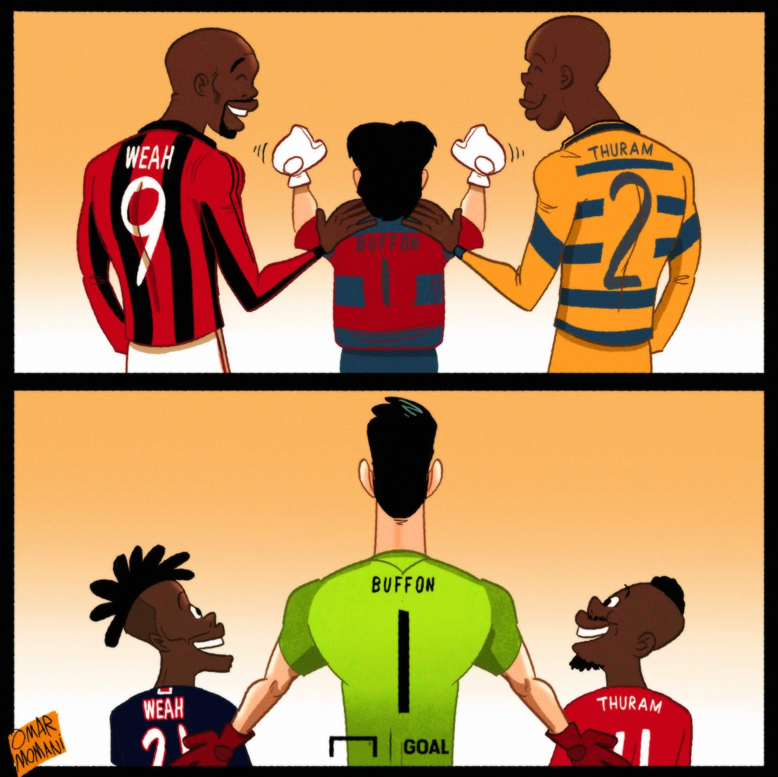 Omar Momani's cartoon illustration of Buffon, Thuram, and Weah