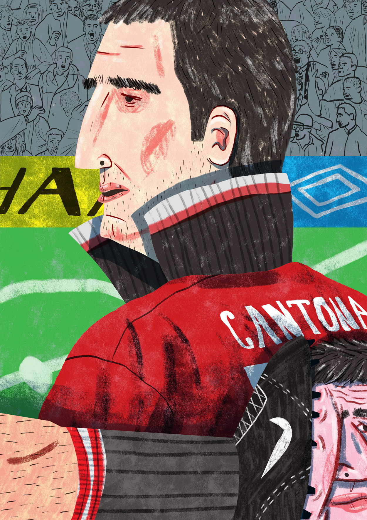 Illustration of Eric Cantona with a stoic expression, capturing his enigmatic presence on and off the field