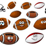 Set of cartoon footballs and rugby balls characters in two variants with and without smiling face together with an American football helmet. Cartoon footballs vectors