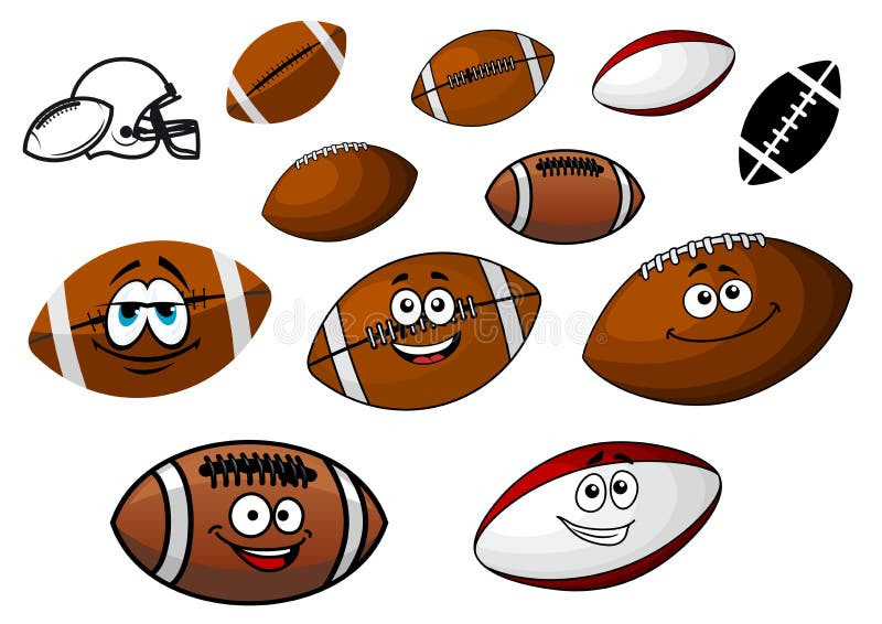 Set of cartoon footballs and rugby balls characters in two variants with and without smiling face together with an American football helmet. Cartoon footballs vectors