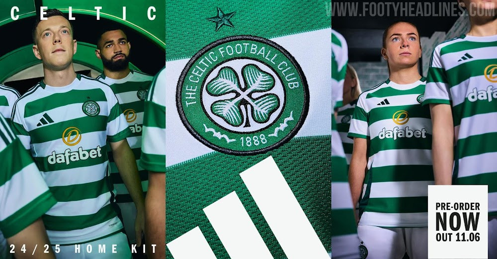 Full view of a Celtic player wearing the 24-25 home kit, showcasing the green and white stripes, darker green accents, and athletic fit