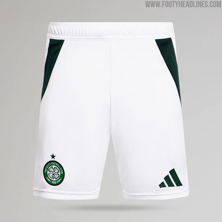 The Adidas Celtic 24-25 home jersey displayed on a mannequin, highlighting the classic green and white stripes and the dark green Adidas logo
