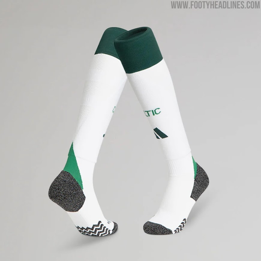 A detailed view of the side panel on the Celtic 24-25 home kit, emphasizing the darker green Adidas stripe design and its integration with the overall jersey