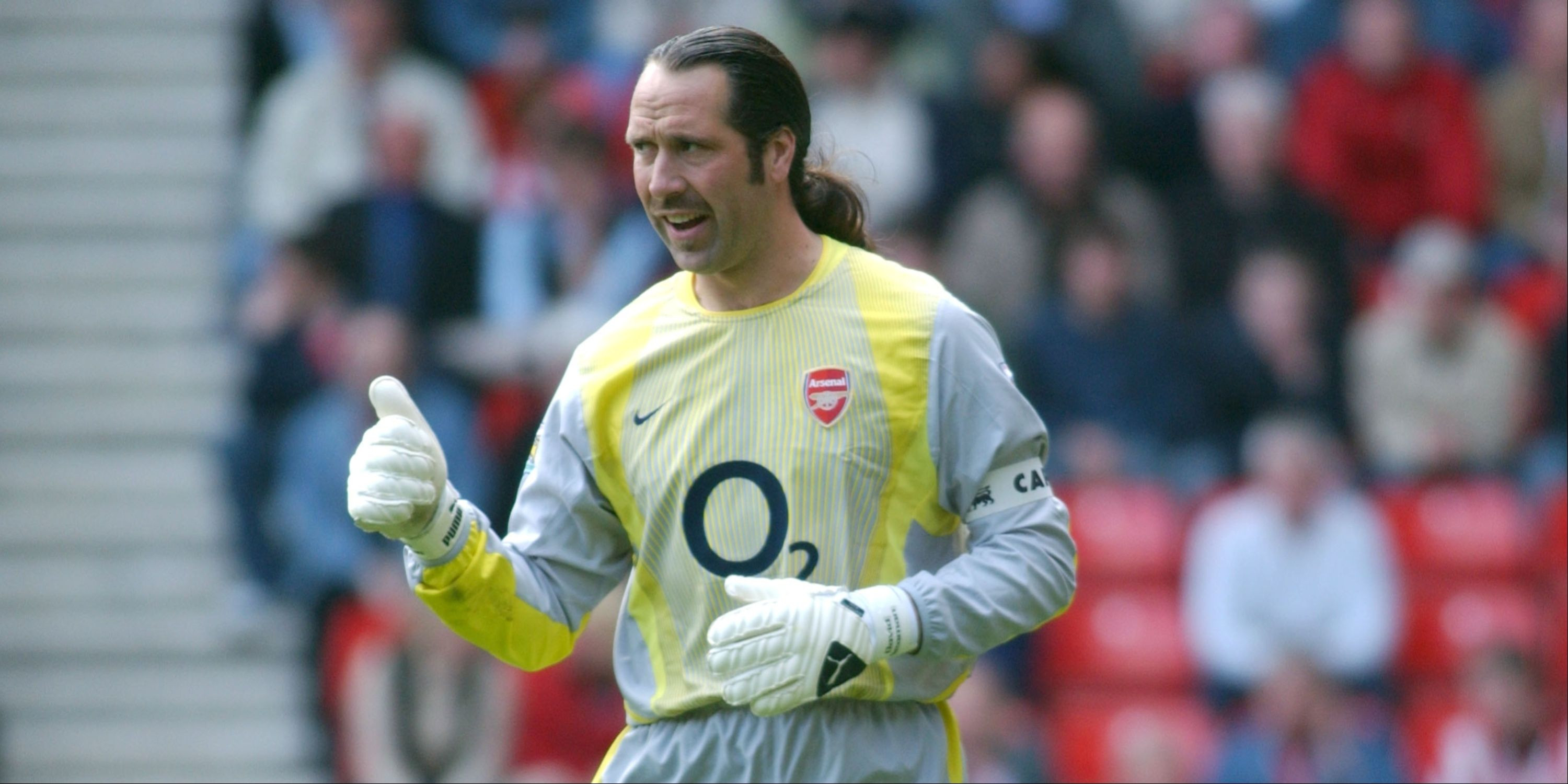 David Seaman towards the end of his Arsenal career gives his teammate a thumbs up.