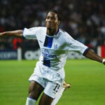Didier Drogba celebrates after scoring for Chelsea against Paris Saint-Germain in 2004.