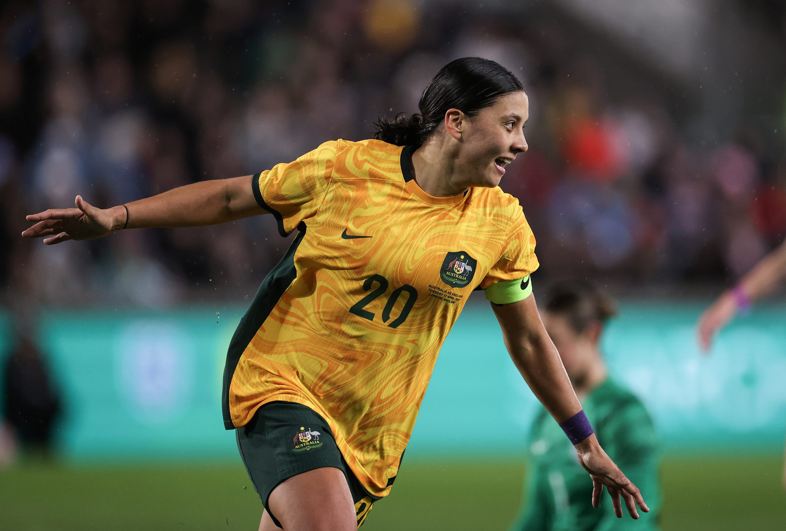 Sam Kerr celebrating a goal against England
