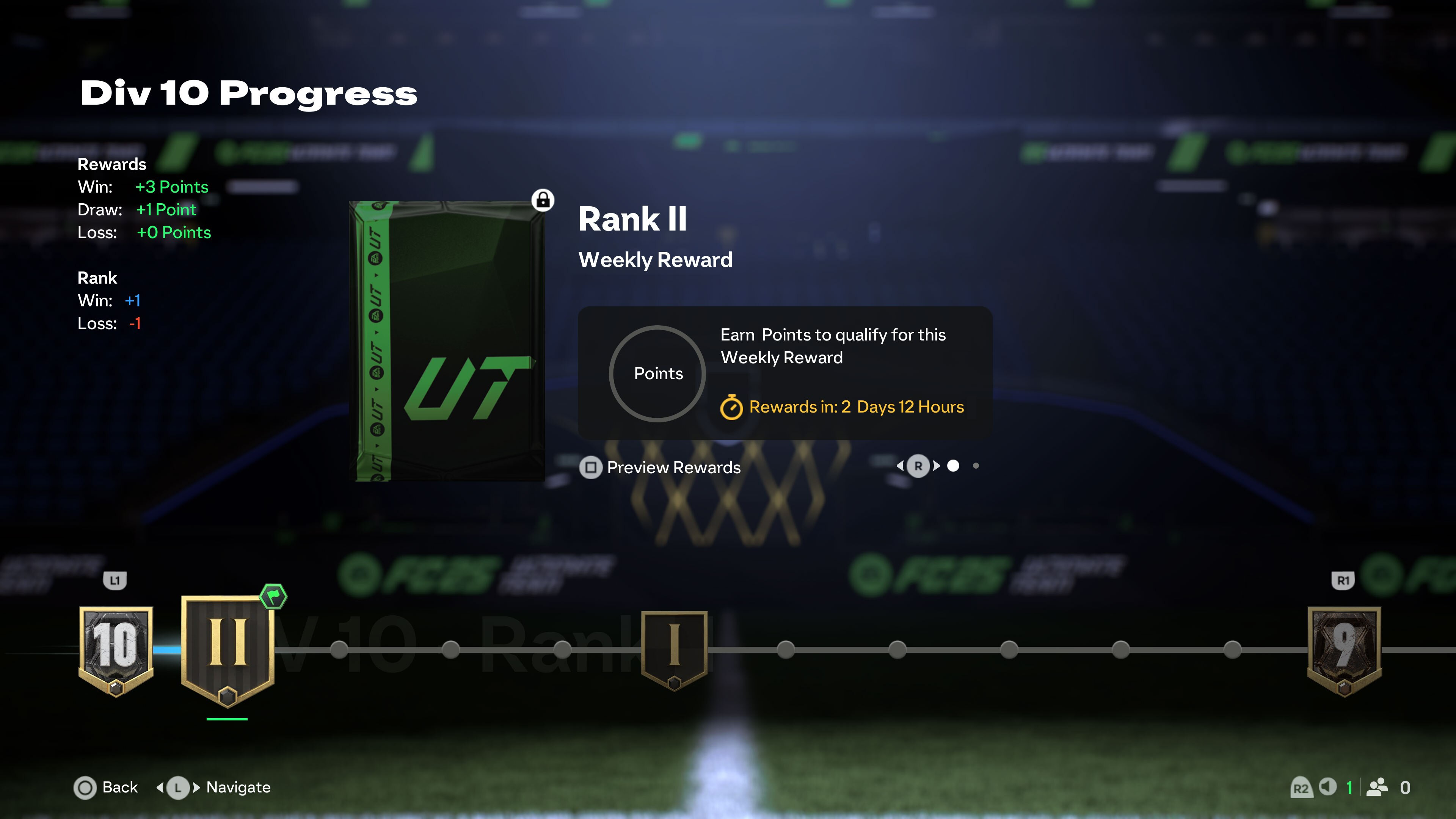 Screenshot of Division 10 Progress screen with points details and Rank II Weekly Reward.