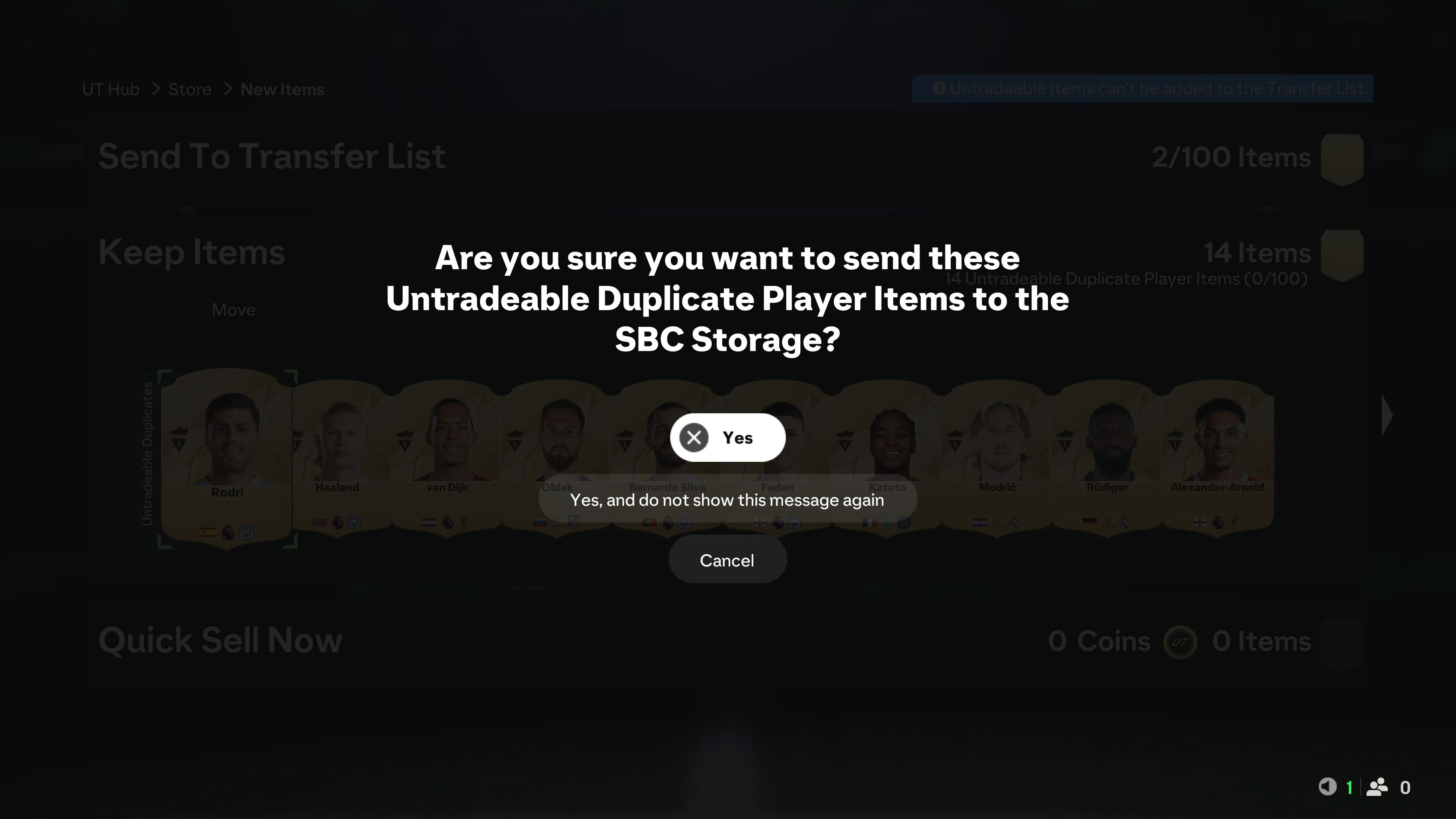 In-game prompt asking to send duplicate player items to SBC Storage in a video game.