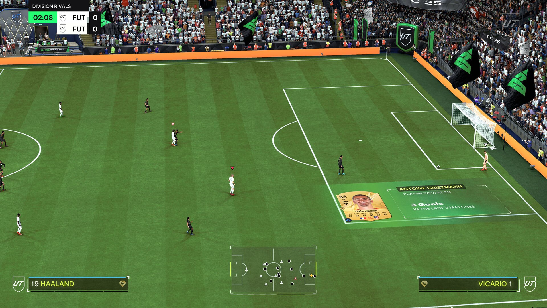 Screenshot of FC match with players on the field and game HUD displayed on the pitch.