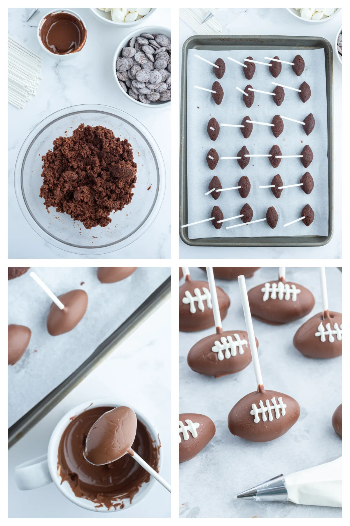 Four photos showing how to make football cake pops
