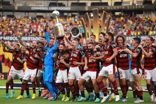 Flamengo players celebrate their Copa Libertadores win in 2022.