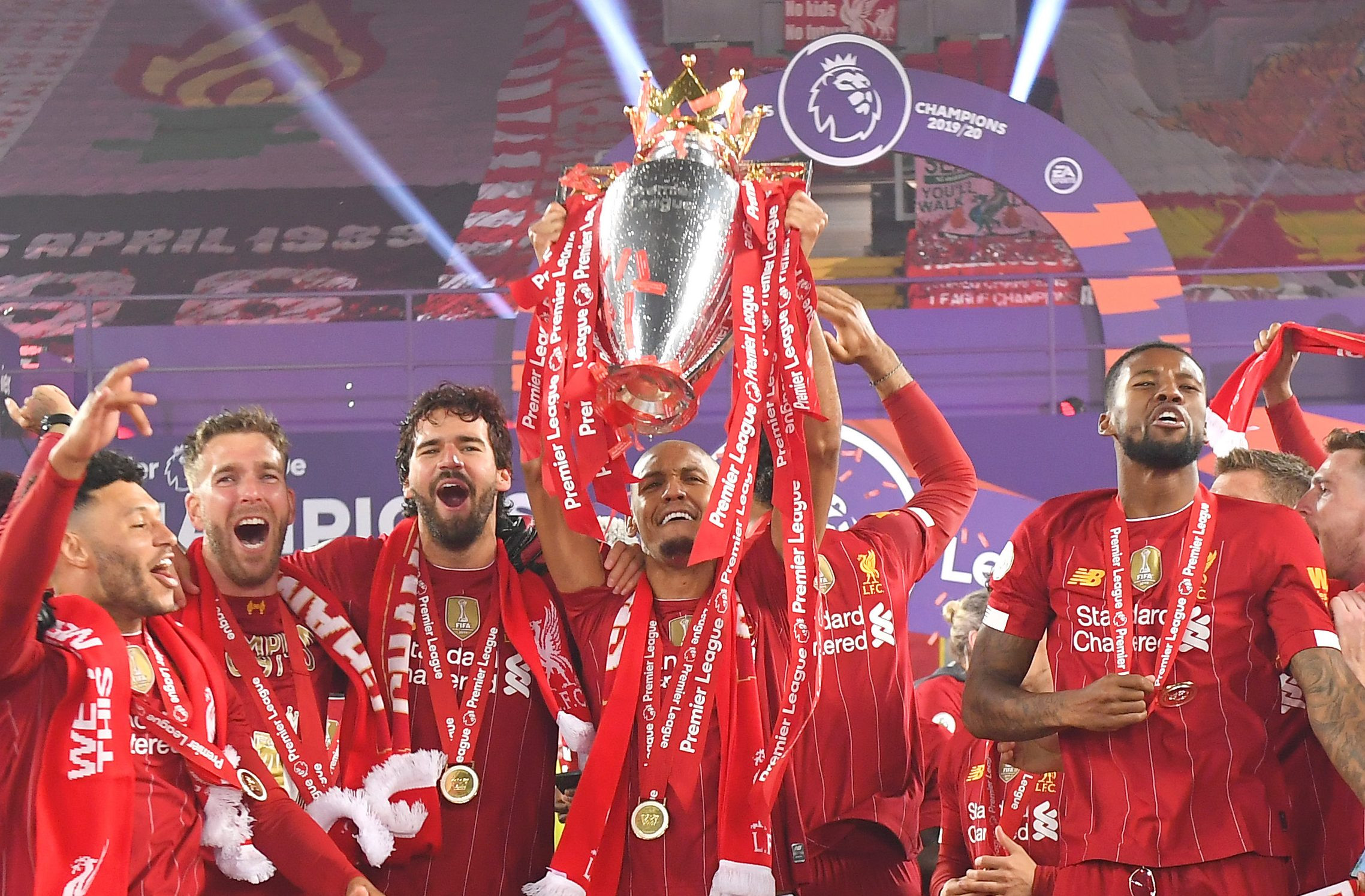 Liverpool celebrating their Premier League win in 2020