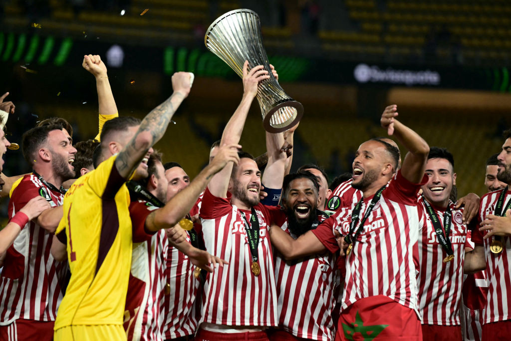 Olympiacos celebrating their Conference League win in 2024
