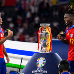Lamine Yamal and Nico Williams celebrate after the Euro 2024 final