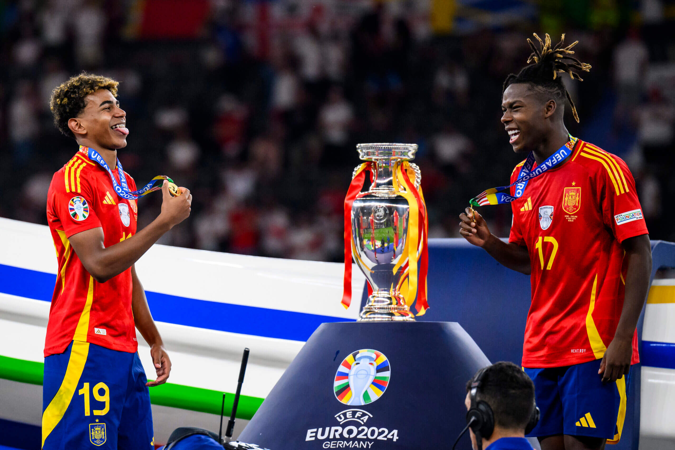 Lamine Yamal and Nico Williams celebrate after the Euro 2024 final