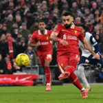 Mohamed Salah scores against Tottenham in the Carabao Cup semi-finals in February