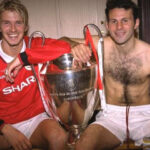 Ryan Giggs with David Beckham and the Champions League trophy