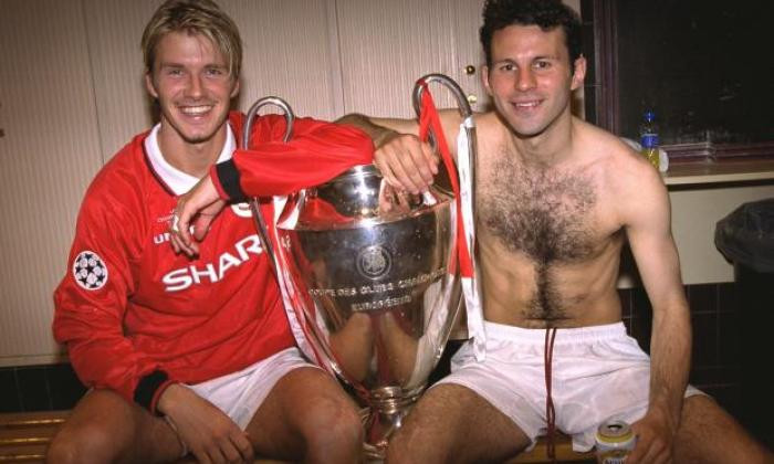 Ryan Giggs with David Beckham and the Champions League trophy