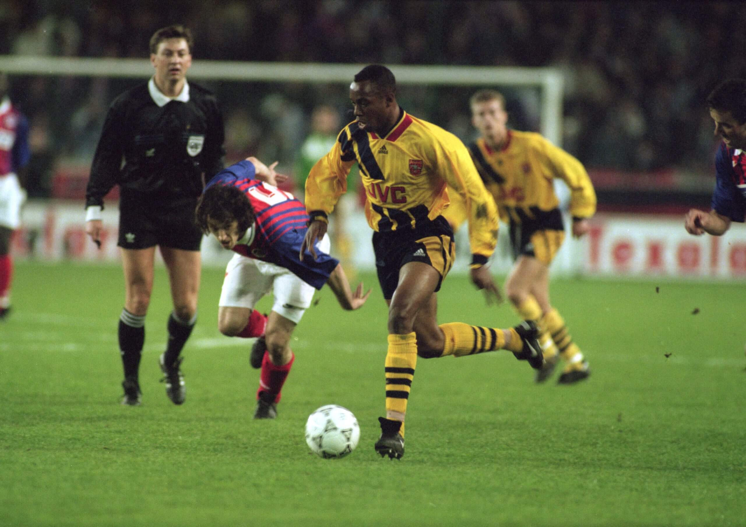 Arsenal’s Ian Wright taking on PSG in March 1994