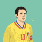 Gheorghe Hagi, a legend of Romanian football, playing for his country.