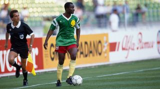 Roger Milla of Cameroon in action during a first round match of the 1990 FIFA World Cup against Romania. Cameroon won 2-1. (Photo by RENARD eric/Corbis via Getty Images)