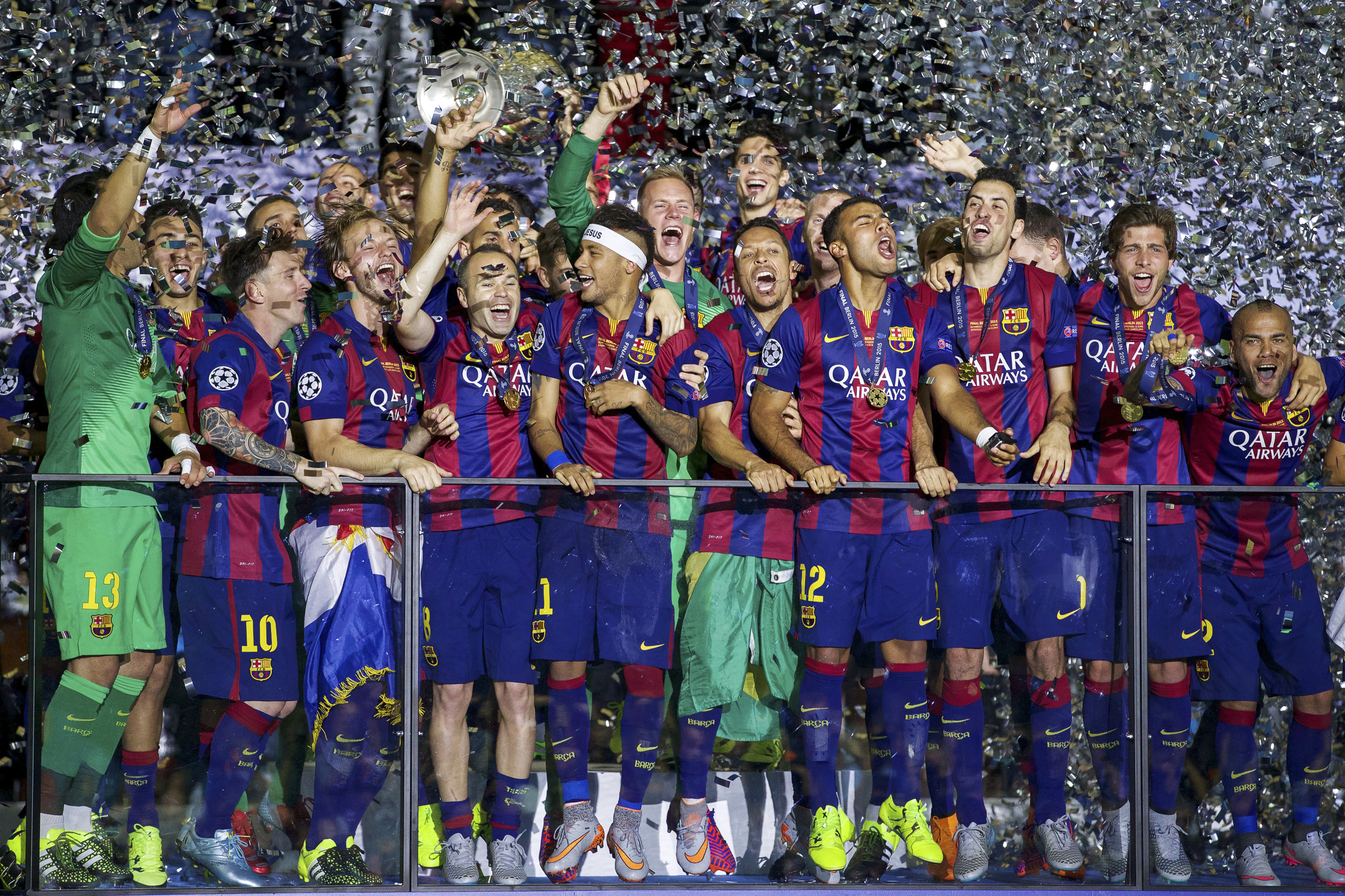 Barcelona players celebrating a trophy