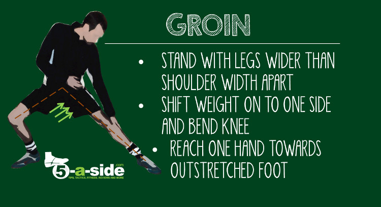 Athlete performing a groin static stretch during a football cool-down, sitting with feet together and gently pressing knees down to stretch inner thigh muscles