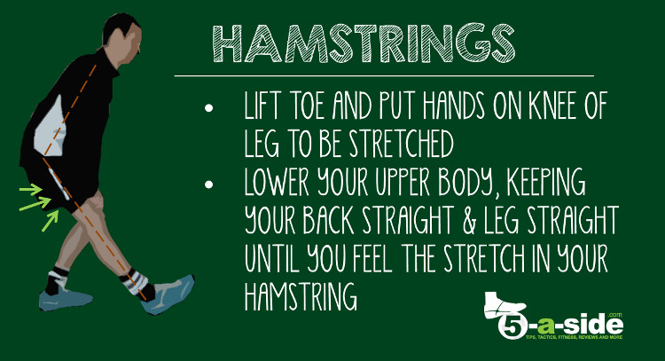 Athlete stretching hamstring after football match by extending one leg and reaching towards toes while seated